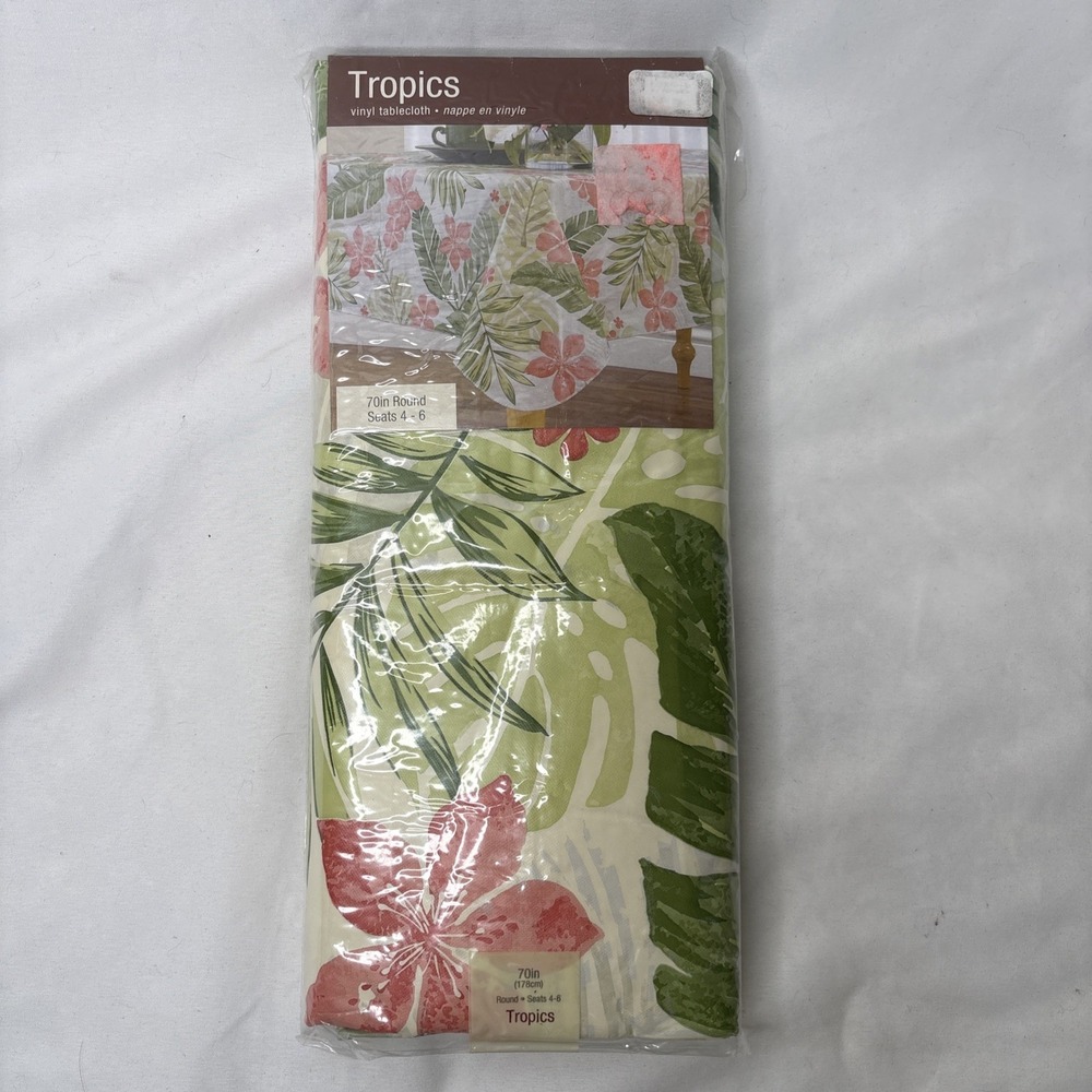 Elrene Tropics Vinyl Tablecloth 70" Round Tropical Leaf Hibiscus Floral 4-6 Ppl